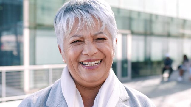Laughing, face and professional with business woman in city for about us, property developer or pride. Real estate agent, happy and urban investor with mature person outdoor for confidence in career