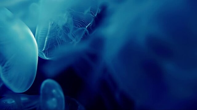 Mesmerizing underwater ballet of translucent jellyfish gracefully drifting in deep blue ocean currents
