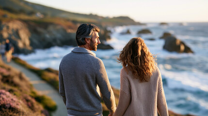 Fototapeta premium Faceless couple in warm-toned sweaters walking along a dramatic coastal path above crashing waves at sunset, romantic coastal hike concept, scenic oceanside photography, autumn