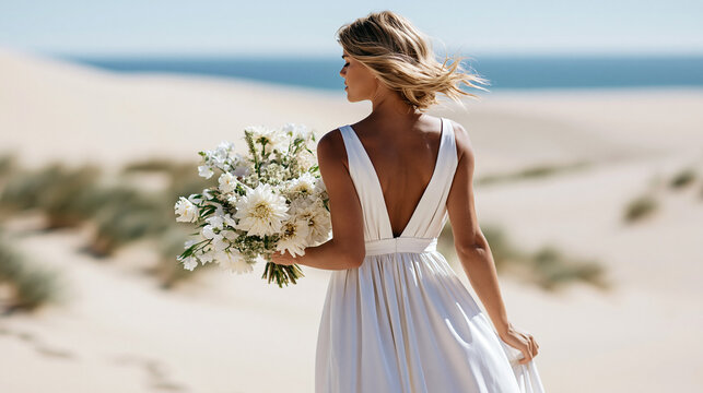 Faceless bride holding a natural floral bouquet walking along a stretch of pale desert sand dunes toward the distant ocean, boho wedding concept, beach bridal photography, outdoor