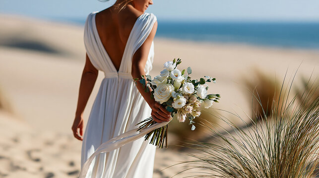 Faceless bride holding a natural floral bouquet walking along a stretch of pale desert sand dunes toward the distant ocean, boho wedding concept, beach bridal photography, outdoor