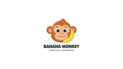 Cute cartoon monkey logo character with banana and leaf design Vector © MDSUJON