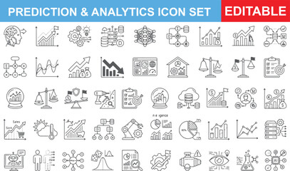 Naklejka premium Editable prediction and analytics icon set in black and white