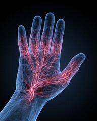 Naklejka premium Futuristic Digital Art of Glowing Vascular Anatomy: A 3D Medical Illustration of Human Hand's Blood Vessels