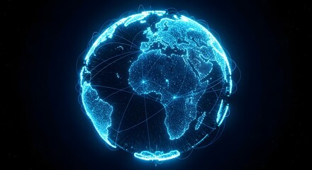 A high end digital illustration shows a futuristic glowing blue globe centered on Africa and Europe with a network of lines and dots on a dark background © Nakaret