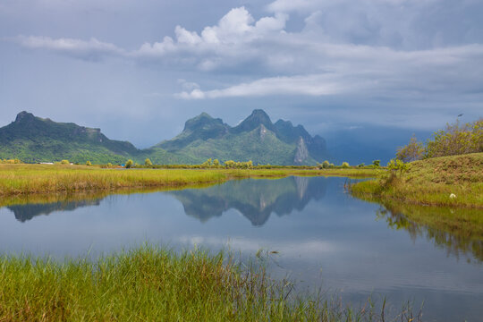 The northern viewpoint of Khao Sam Roi Yot is part of Khao Sam Roi Yot National Park and comprises mountain ranges and wetlands, home to a variety of waterfowl, Pranburi District, Prachuap Khiri Khan