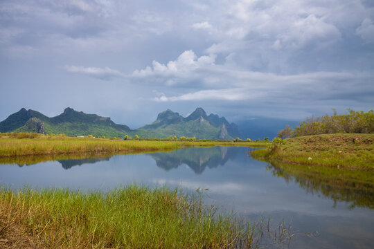 The northern viewpoint of Khao Sam Roi Yot is part of Khao Sam Roi Yot National Park and comprises mountain ranges and wetlands, home to a variety of waterfowl, Pranburi District, Prachuap Khiri Khan