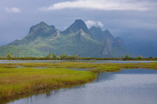 The northern viewpoint of Khao Sam Roi Yot is part of Khao Sam Roi Yot National Park and comprises mountain ranges and wetlands, home to a variety of waterfowl, Pranburi District, Prachuap Khiri Khan
