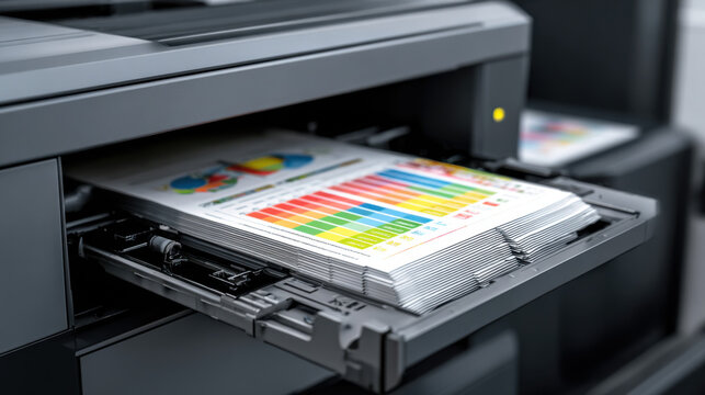 Industrial digital printer machine outputting a high quality colorful paper document in a modern professional printing facility office environment