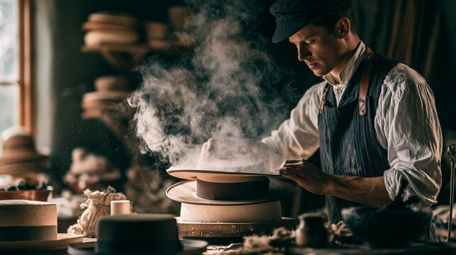 Vintage Craftsmanship in Hat Making Workshop: Male Artisan at Work
