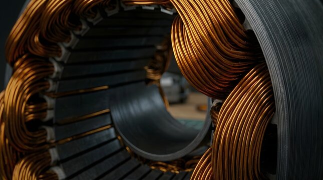 Close-up view of copper wire windings inside industrial electric motor stator with warm lighting