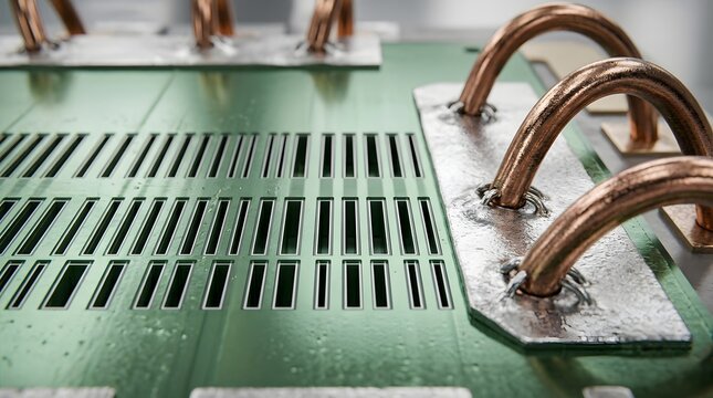 Close-up of semiconductor chip die on green circuit board with copper wire bonding connections