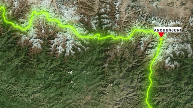 Nepal map animation tracking Himalayan mountain peaks including Mount Everest and Annapurna