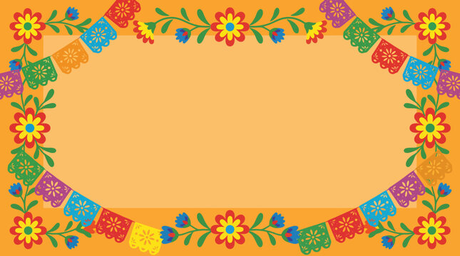 Mexican Fiesta Background Template with Papel Picado Banners and Floral Border for Celebration Invitation