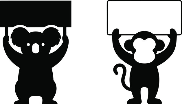 Koala and monkey holding blank signs