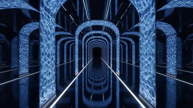Futuristic Blue Light Tunnel with Abstract Arches and Reflective Floor, Seamless Loop.