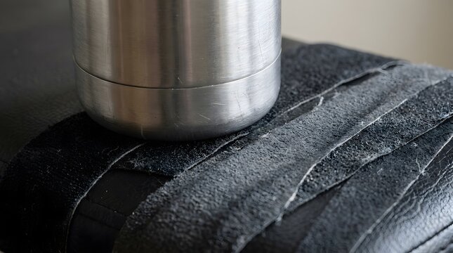 Close up view of stainless steel thermos bottle on black leather surface, showcasing texture and material contrast.