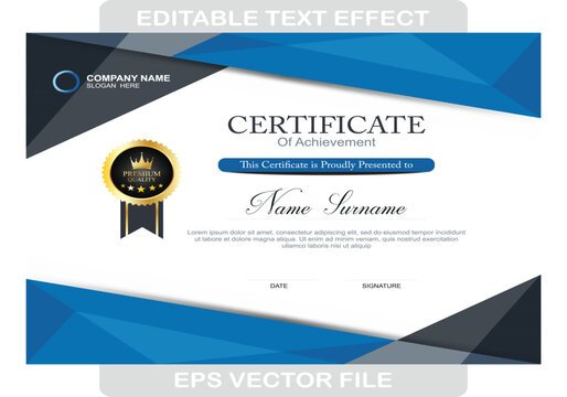 A modern blue-themed certificate design with geometric elements and a professional layout suitable for business awards, employee recognition, and training completion certificates