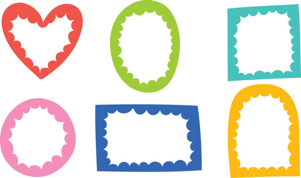 Cute Wavy Dot Line Doodle Cloud Round Heart Square Rectangle Arch Oval Shape Green Blue Red Pink Orange Yellow Sticky note Post it Borders Frames Background Set Collection Bundle Vector Illustration