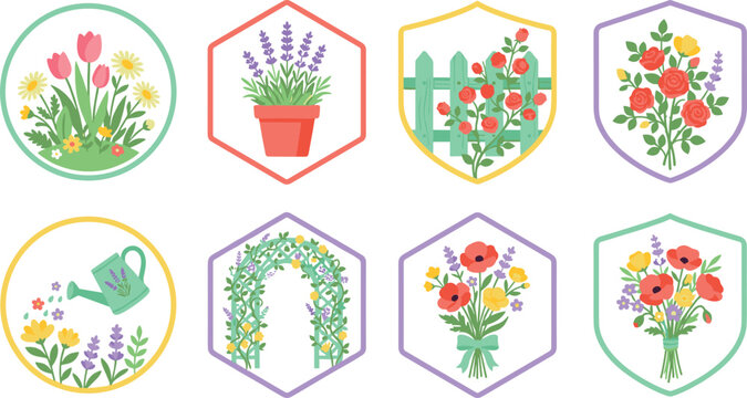 Spring Garden and Floral Badge Icon Set Featuring Pink Tulips Potted Lavender Climbing Roses Watering Can Flower Arch and Bouquet Designs