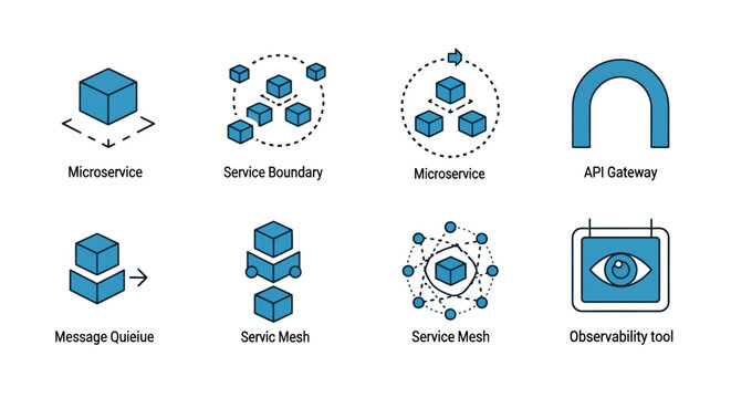 Microservices Architecture Icons: API Gateway, Service Mesh, Message Queue