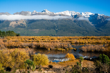 Fototapeta premium Golden wetlands under the snow-capped mountains in autumn, Glenorchy, New Zealand