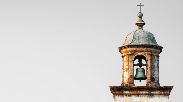 The historic bell tower of an old church with its weathered dome and cross stands proudly against a soft sky, evoking a sense of timeless tradition and faith.