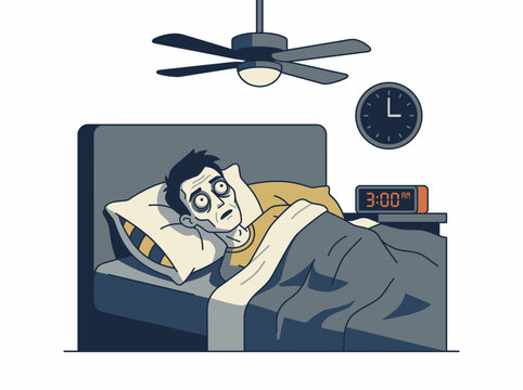 Man wakes up to a disturbing alarm and anxiety in the dark bedroom at 3 am with a close up of the clock