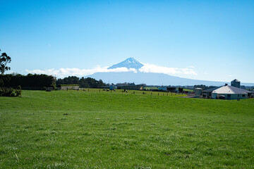 Green grass pastures and conical snow-capped mountains, Mount Egmont, New Zealand © zhang