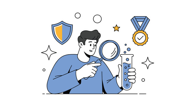 Enthusiastic male scientist holds a magnifying glass and a bubbling test tube while surrounded by icons of protection and achievement.