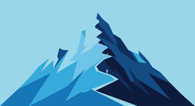 Stylized, jagged blue mountain range with tiny figures climbing its peaks
