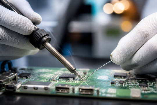 A technician in gloves is using a soldering iron to work on a circuit board.