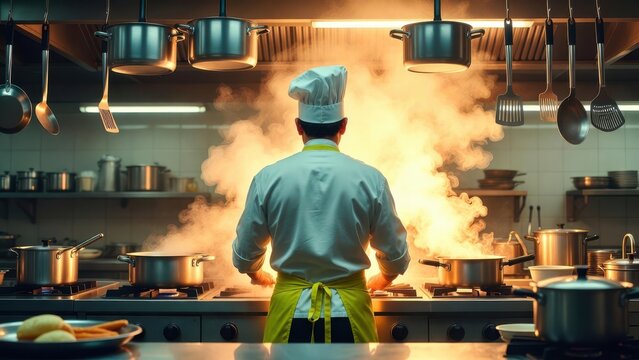Chef standing in a commercial kitchen with fire and smoke, cooking on stove