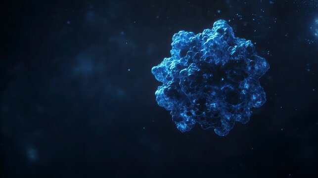Microscopic view of a blue virus particle against a dark background.