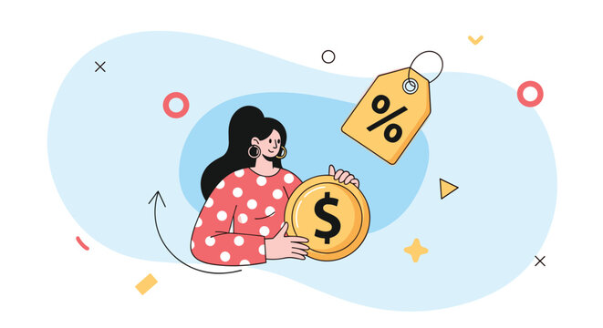 Woman in a polka dot shirt holds a large gold dollar coin while a discount price tag with a percentage symbol floats in the background.
