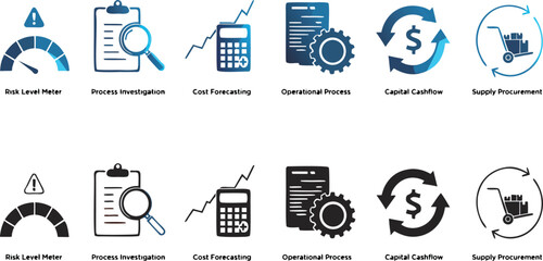 Fototapeta premium Business management and logistics process icons featuring risk meters calculators and supply chain items in two styles.