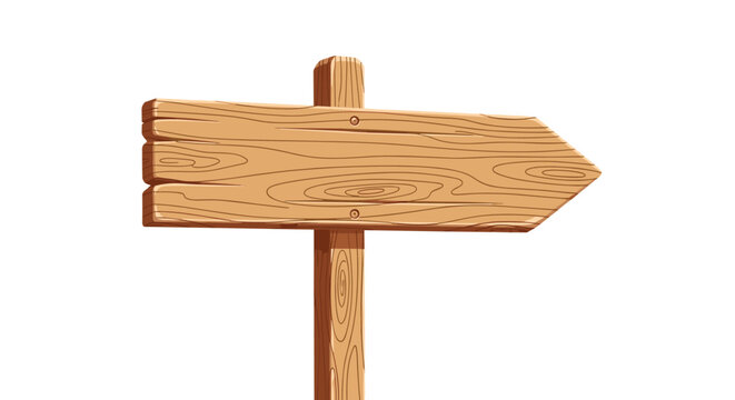Blank wooden signpost with a rustic texture pointing to the right direction for navigation isolated on a solid white background.