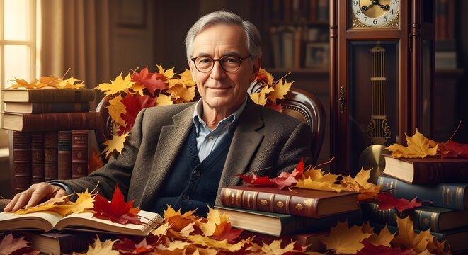 Distinguished elderly man in glasses sits thoughtfully amidst a vibrant scattering of autumn leaves and classic books in a warm, cozy study