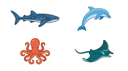 Whale Shark, Dolphin, Octopus, Manta Ray Aquatic Animals Collection © jami