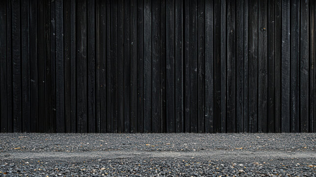 Dark black wooden planks create a textured wall backdrop above a gray gravel ground providing a simple, rustic scene ideal for a background or texture, well done.