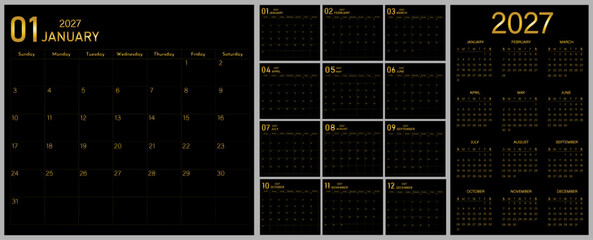 Obraz premium Realistic calendar design 2027 year | Week starts on Sunday | 12 months elegant English calendar 2027 desk organizer with note section with black and golden colour 