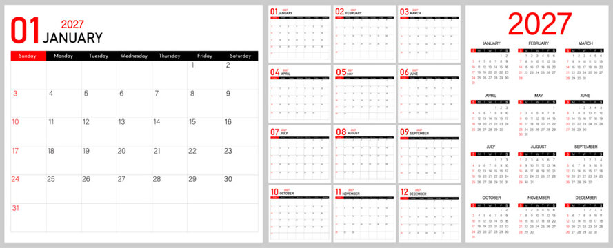 Monthly organizer calendar worksheet for 2026 year for office, wall, web use | Diary scheduler for 2026 year | Week Begins on Sunday | 12-month calendar template 2027 with feedback section