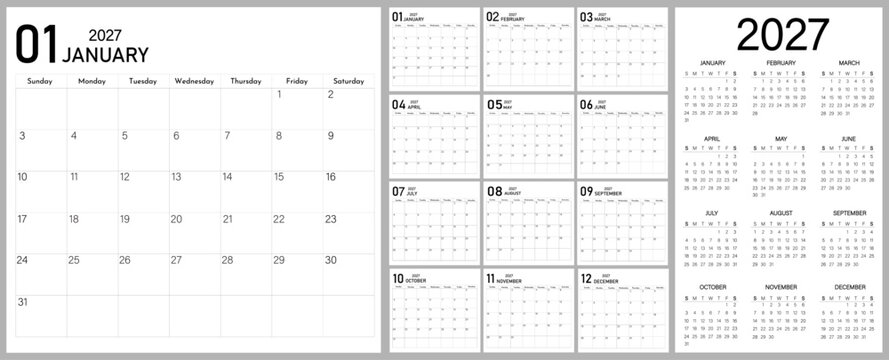 Realistic calendar design 2027 year | Week starts on Sunday | 12 months elegant English calendar 2027 modern annual organizer with notes