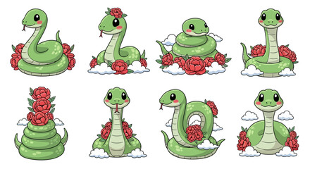 Fototapeta premium Ecstatic green snakes with red roses, cartoon characters, emotional expressions
