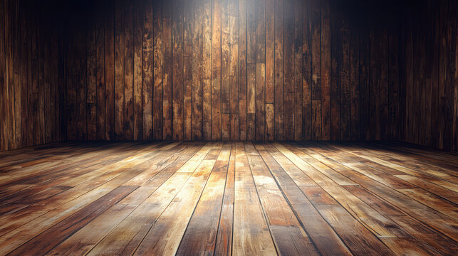 The warm inviting rustic wooden floor and weathered wood paneling create a cozy and versatile backdrop for product presentations and creative photography work.
