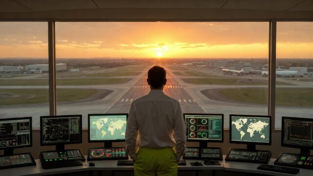 Air traffic controller looking out at airport runway during sunset
