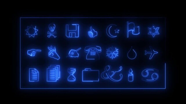 Neon Blue Icons of Symbols and Objects Glowing on a Black Background graphic