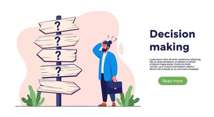 Businessman standing by signpost with question marks, decision making concept, confused © Norway