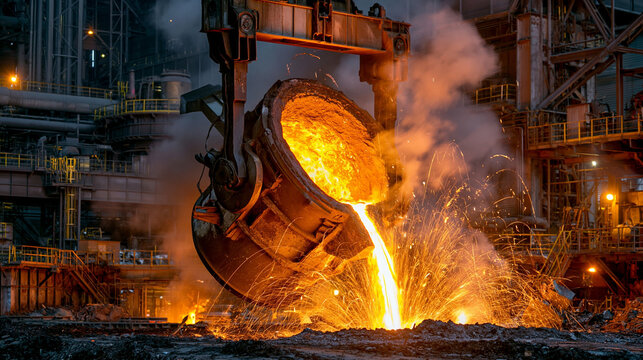 Molten Metal Pouring in Steel Factory: Industrial Production of Hot Steel in Foundry Operation - Metalwork Industry Action and Worker Safety at Manufacturing Facility
