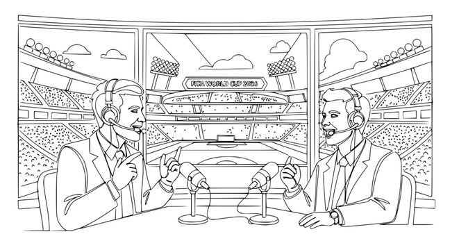 Sports commentators discussing game in stadium broadcast booth, illustration